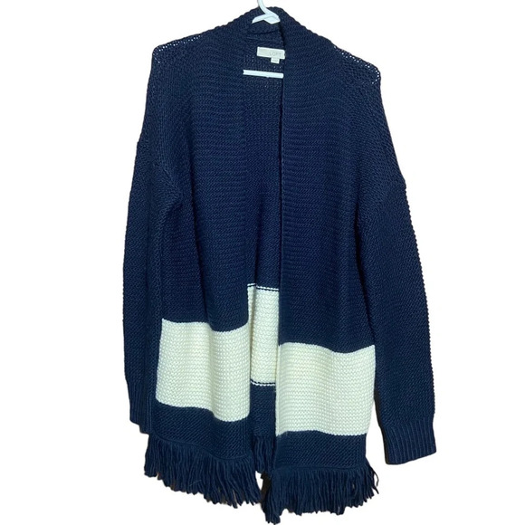 LOFT Blue White Striped W/ Fringe Accent Knit Open Cardigan Sweater Size Medium‎ - Picture 1 of 6